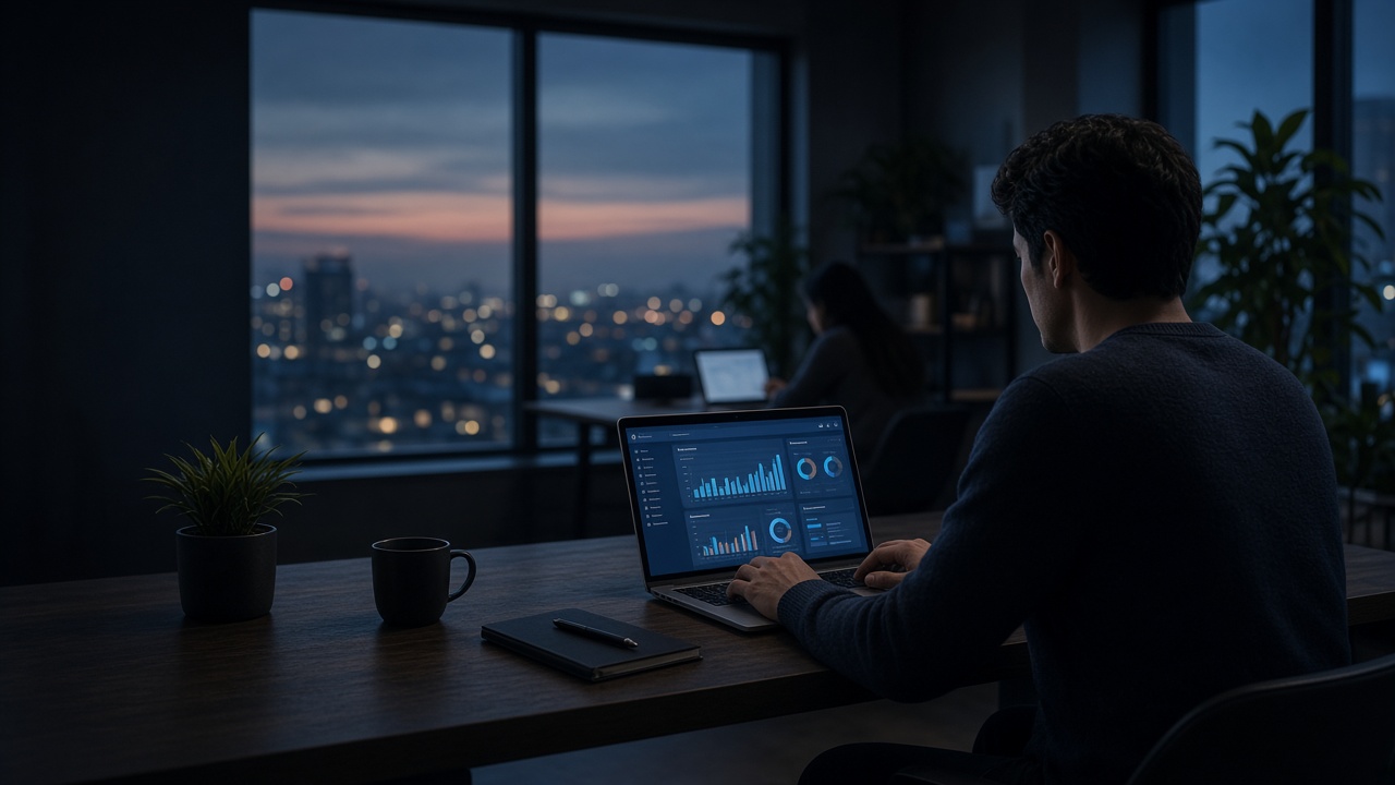 A hosting dashboard open on a laptop in an evening office.