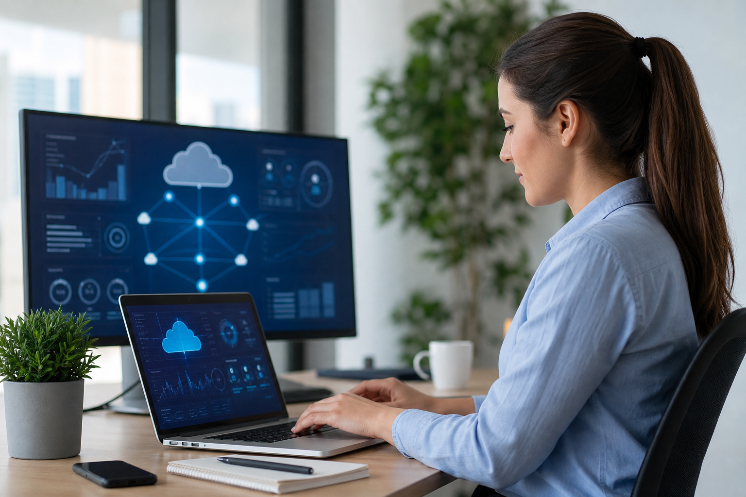 A DanumHost team member reviewing cloud and network monitoring dashboards